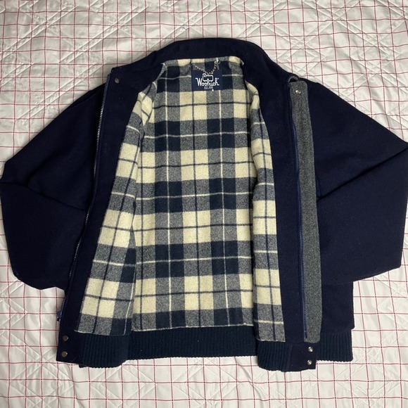 Woolrich Men Large Wool Jacket Navy Blue Plaid Lined Bomber Style Made USA - Picture 6 of 13